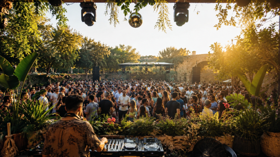 Masaje erótico tantricos | Bliss Barcelona | Blog | Brunch-Electronik | ambiente del Brunch Electronik en Barcelona: festival al aire libre, público disfrutando, vegetación, atardecer y estética premium | Foto #01