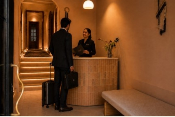 Masaje erótico tantricos | Bliss Barcelona | Blog | Viajas por trabajo | Un ejecutivo elegantemente vestido, con traje y maletín, conversando con la recepcionista en la recepción de Bliss luego de llegar de un viaje de trabajo a barcelona. | Foto #02