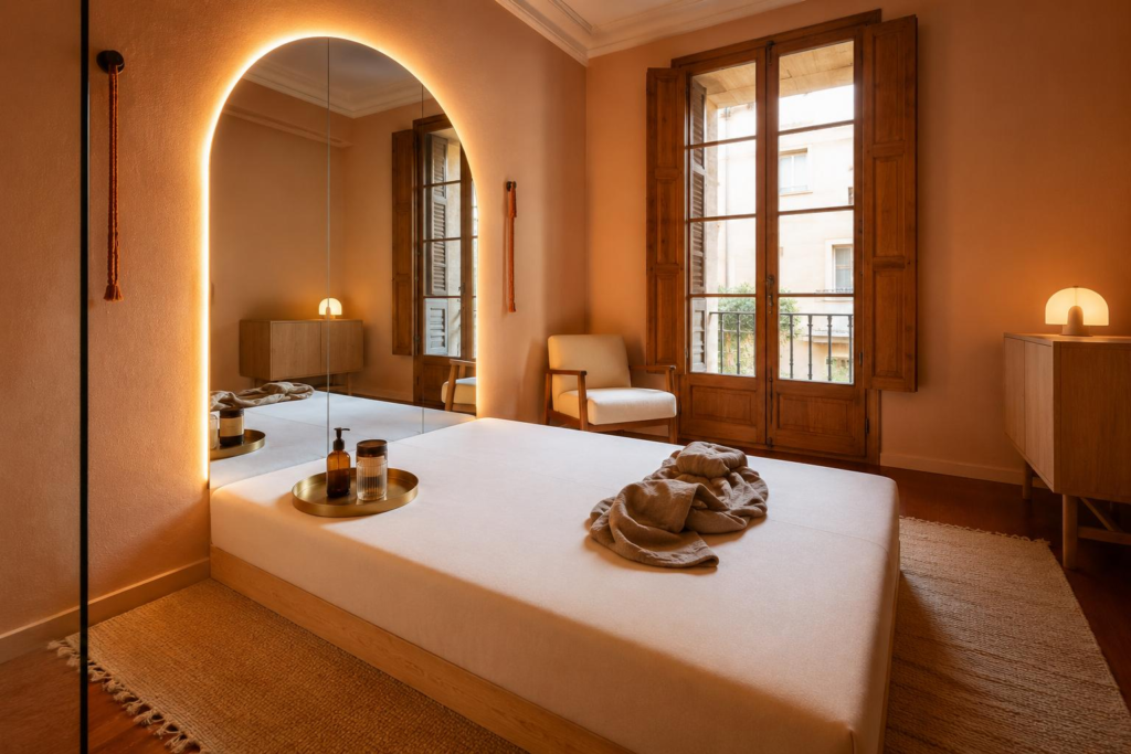 Masaje erótico tantricos | Bliss Barcelona | Blog | Crucero a Barcelona | Habitación privada de Bliss Barcelona preparada para ofrecer una experiencia de bienestar en un ambiente cálido, elegante y exclusivo | Foto #03